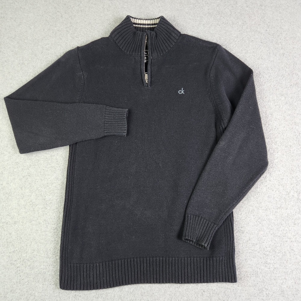 Calvin Klein Jeans Sweater Boys L Black Tight Knit Quarter Zip Mock Neck Logo